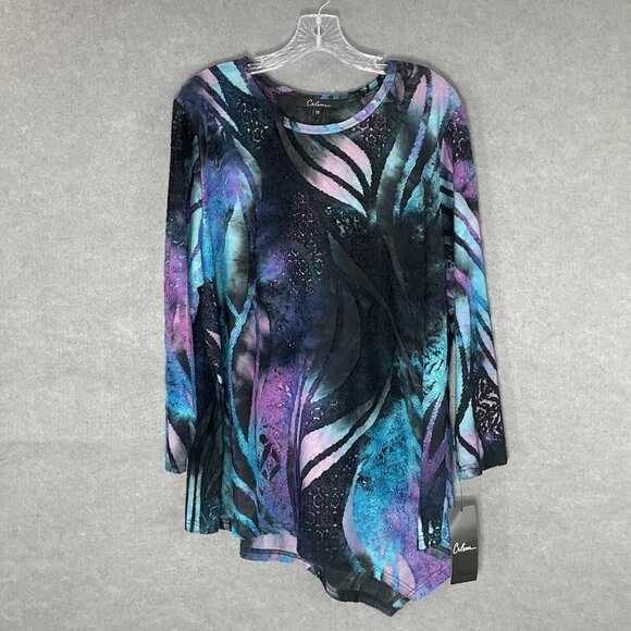 Calessa Tops - Calessa Top‎ Womens Sz 1X Midnight Sky Asymmetrical Hem Round Neckline Blouse